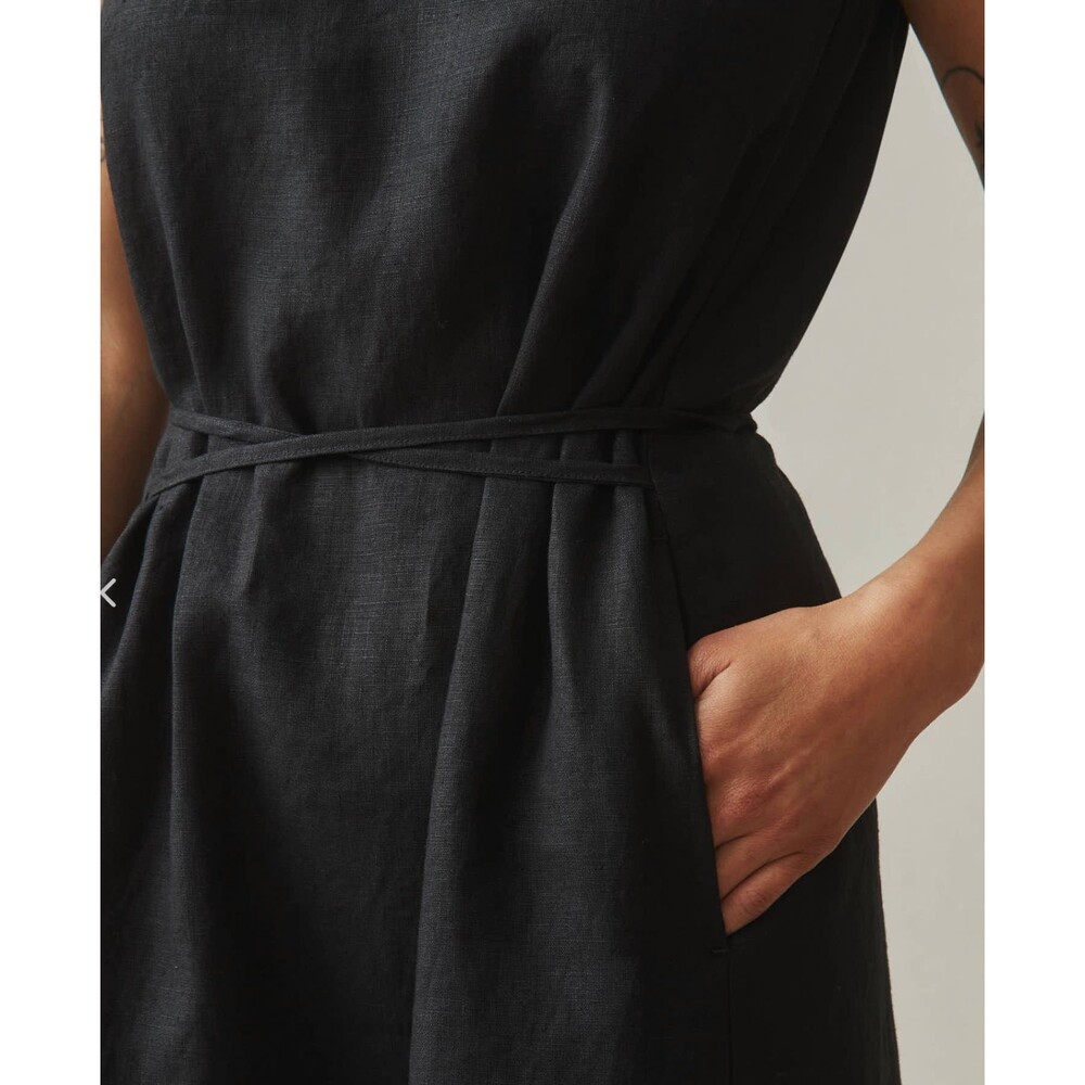 American Giant Midi Dress Womens XS Black Linen Tie Waist Pockets V-Neck NEW - Picture 4 of 9